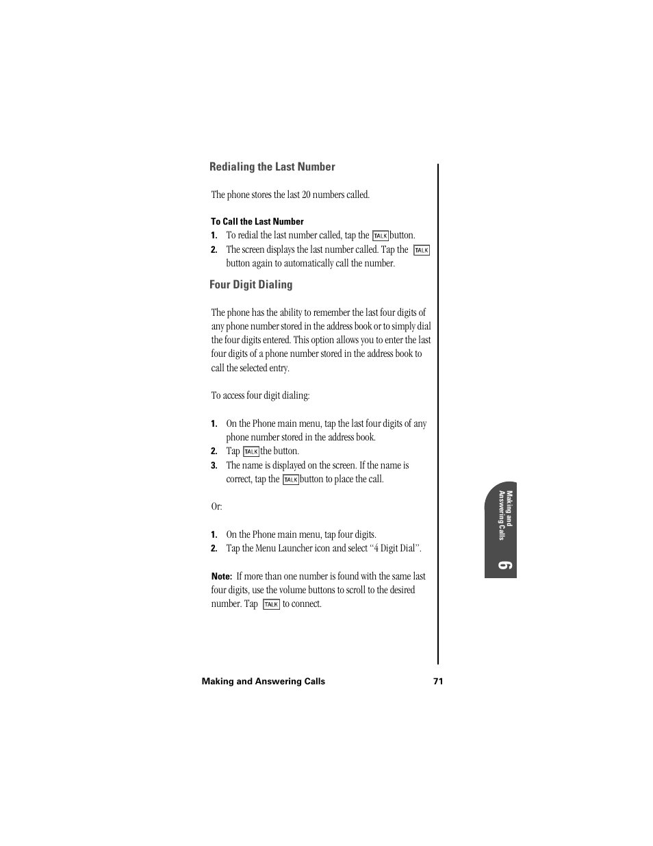 Redialing the last number, To call the last number, Four digit dialing | Samsung SPH-I300 User Manual | Page 74 / 313