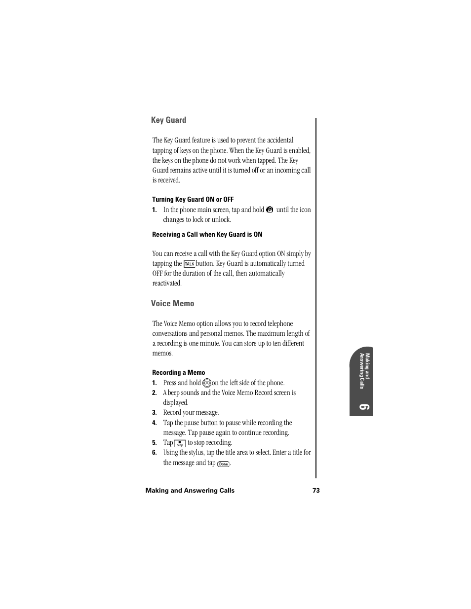 Key guard, Turning key guard on or off, Receiving a call when key guard is on | Voice memo, Recording a memo | Samsung SPH-I300 User Manual | Page 76 / 313