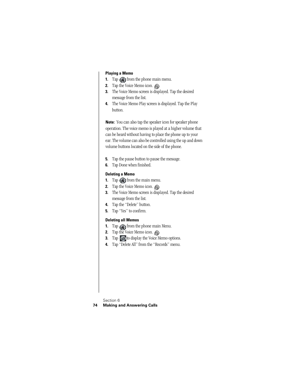 Playing a memo, Deleting a memo, Deleting all memos | Samsung SPH-I300 User Manual | Page 77 / 313
