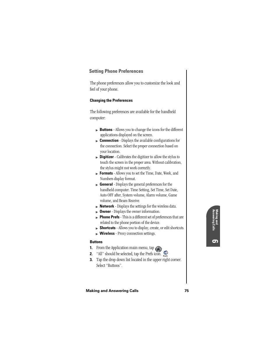 Setting phone preferences, Changing the preferences, Buttons | Samsung SPH-I300 User Manual | Page 78 / 313