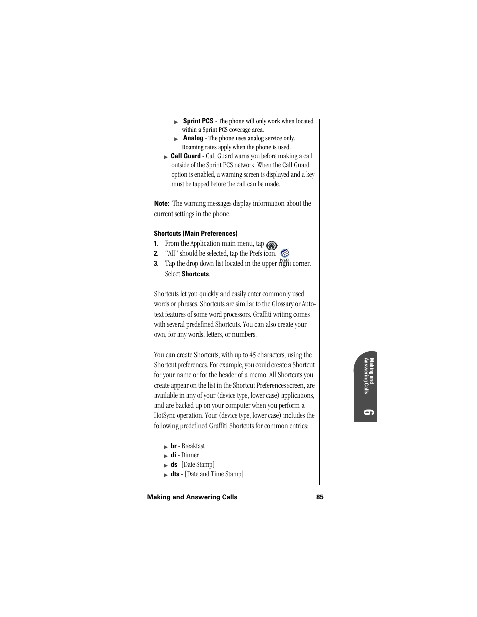 Shortcuts (main preferences) | Samsung SPH-I300 User Manual | Page 88 / 313