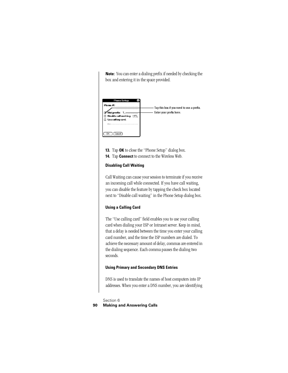 Disabling call waiting, Using a calling card, Using primary and secondary dns entries | Samsung SPH-I300 User Manual | Page 93 / 313