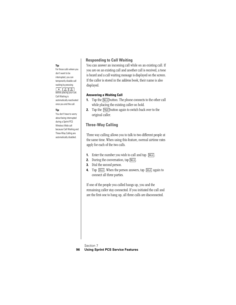 Responding to call waiting, Answering a waiting call, Three-way calling | Samsung SPH-I300 User Manual | Page 99 / 313
