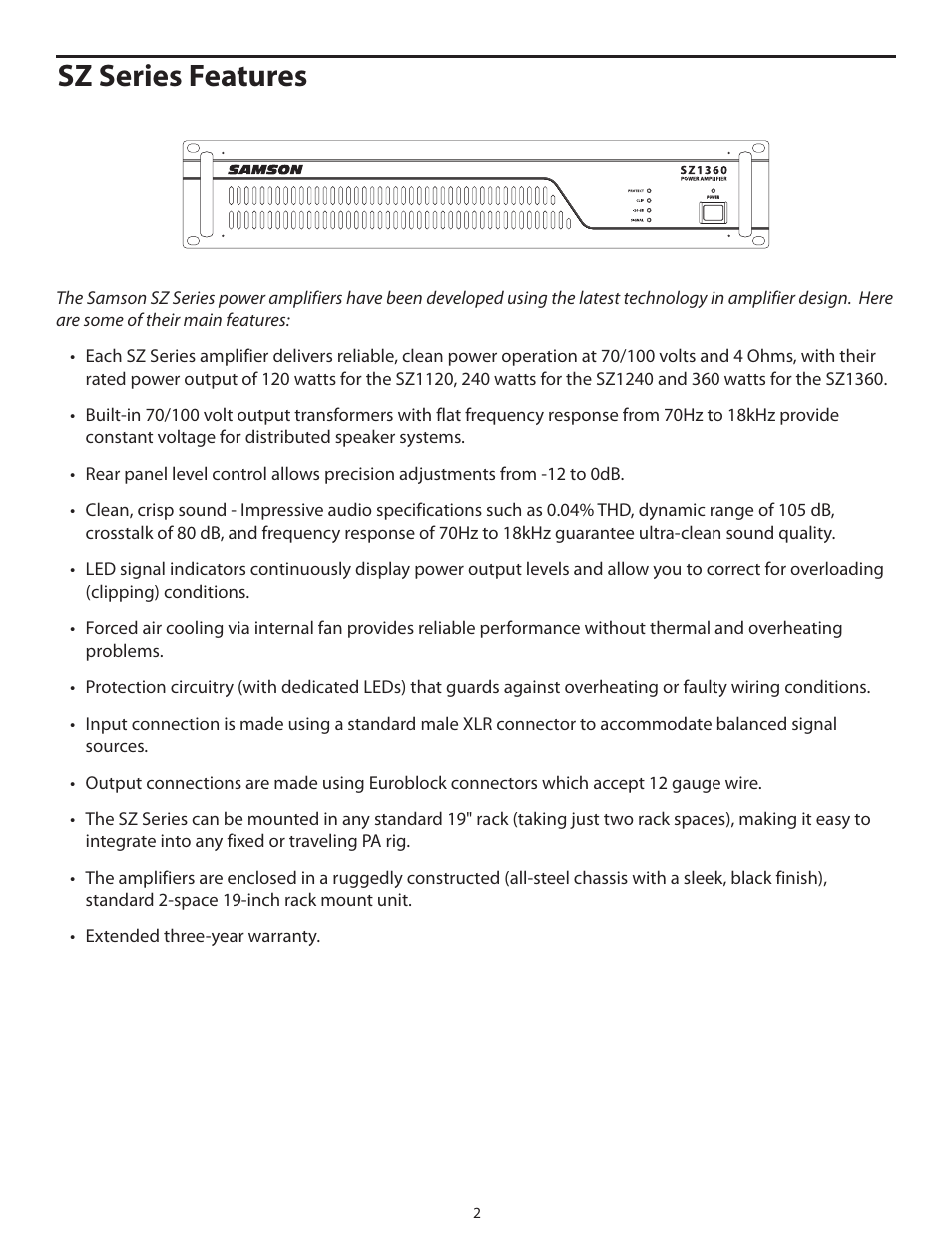 Sz series features | Samson POWER AMPLIFERS SZ1120 User Manual | Page 6 / 20