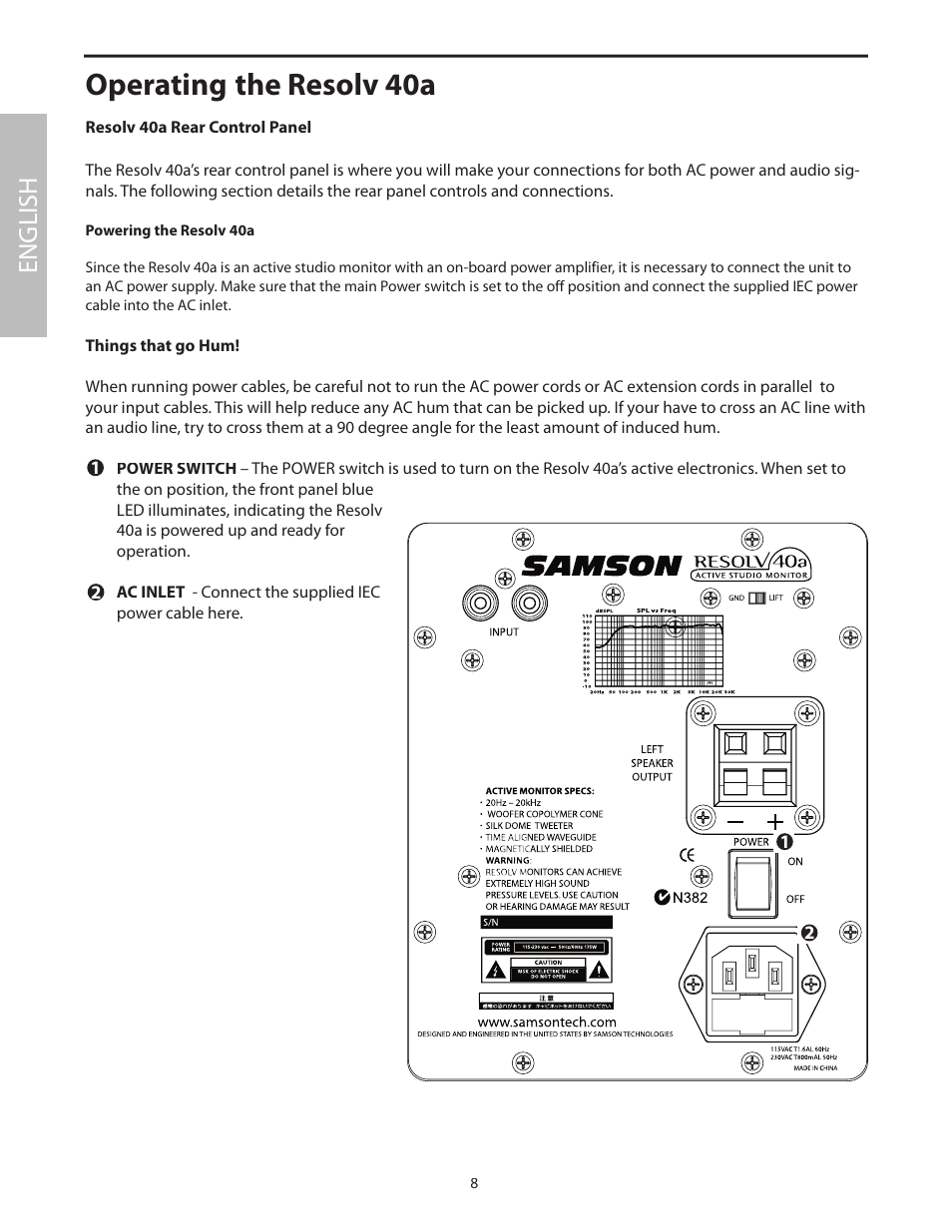 Operating the resolv 40a, Resolv 40a rear control panel, English | Samson Studio Reference Monitor System Resolv 40a User Manual | Page 12 / 64