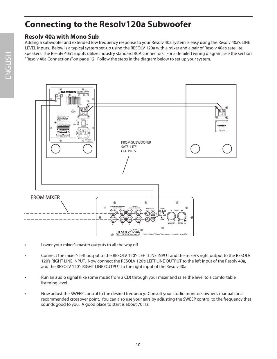 Connecting to the resolv120a subwoofer, He resolv120a subwoofer, English | Resolv 40a with mono sub | Samson Studio Reference Monitor System Resolv 40a User Manual | Page 14 / 64