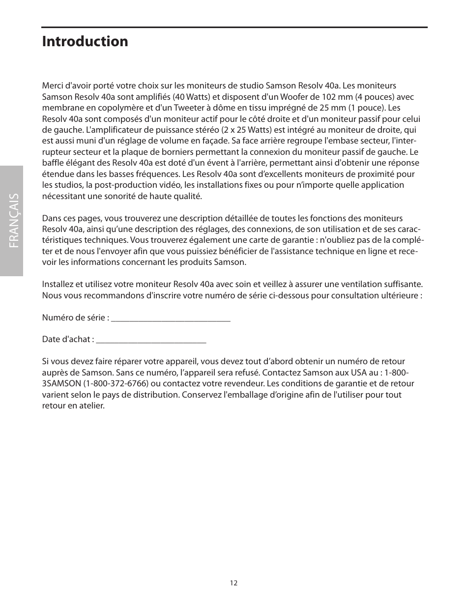 Français, Introduction, Fr anç ais | Samson Studio Reference Monitor System Resolv 40a User Manual | Page 16 / 64