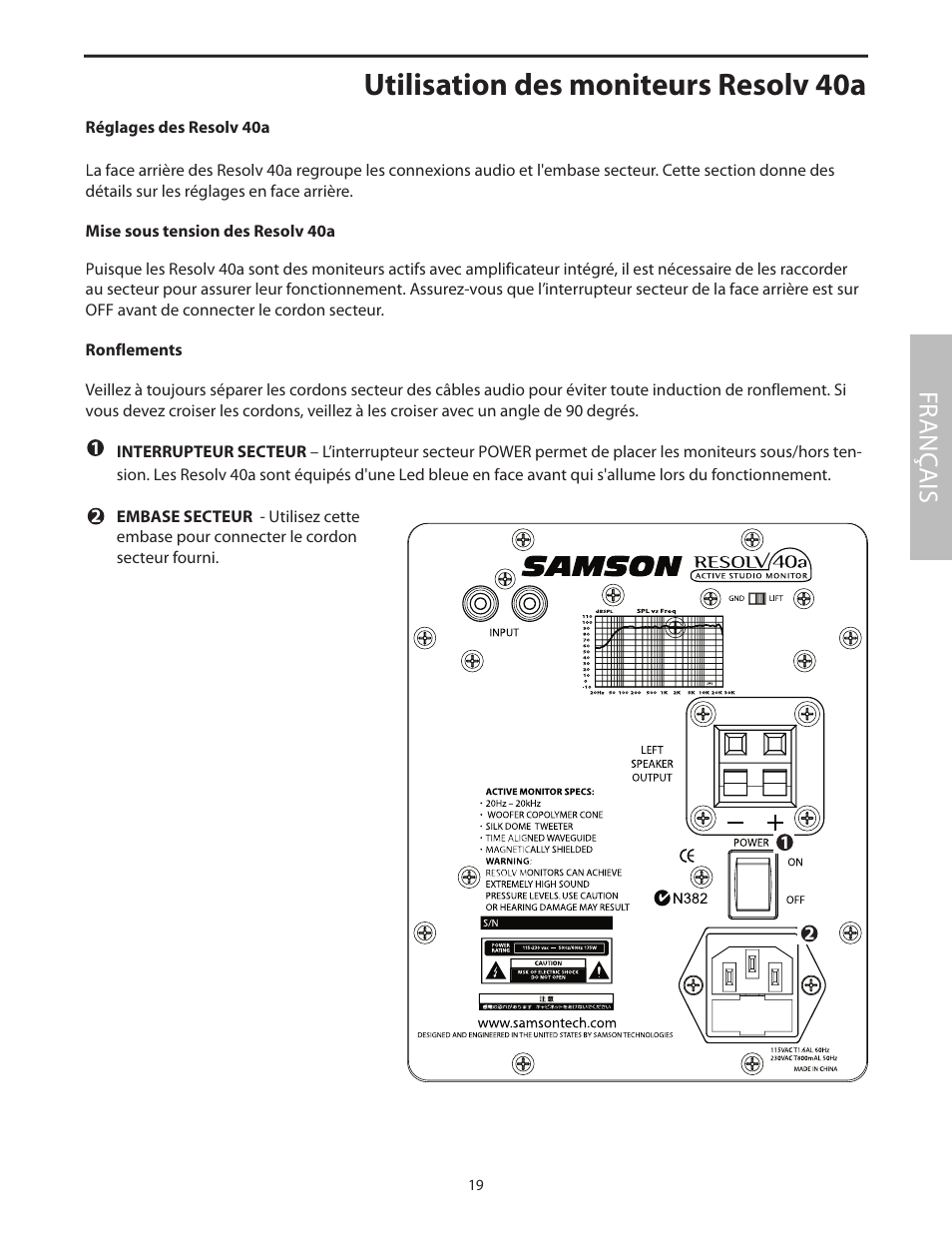 Utilisation des moniteurs resolv 40a, Réglages des resolv 40a, Fr anç ais | Samson Studio Reference Monitor System Resolv 40a User Manual | Page 23 / 64