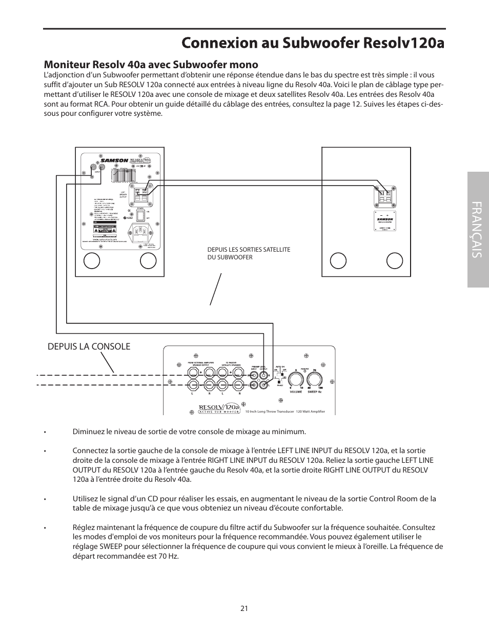 Connexion au subwoofer resolv120a, Fr anç ais, Moniteur resolv 40a avec subwoofer mono | Samson Studio Reference Monitor System Resolv 40a User Manual | Page 25 / 64