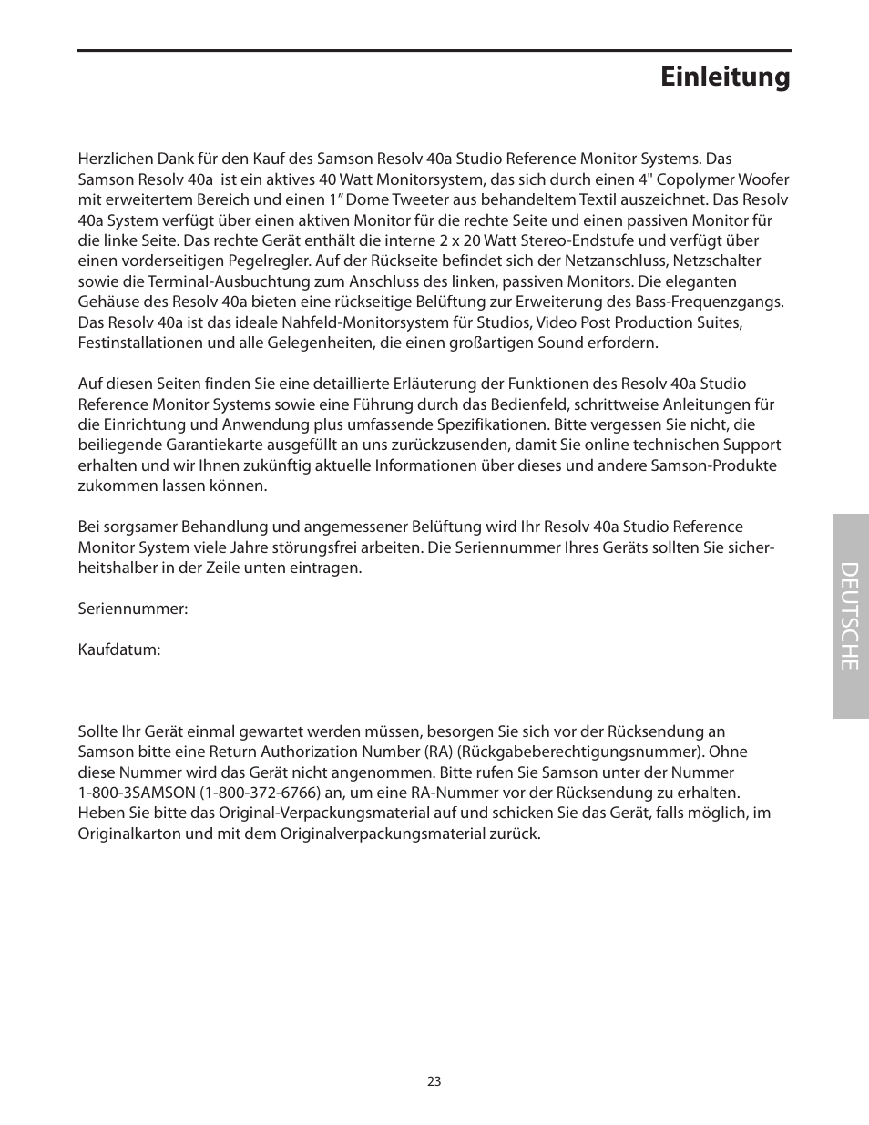 Deutsche, Einleitung, Deut sche | Samson Studio Reference Monitor System Resolv 40a User Manual | Page 27 / 64