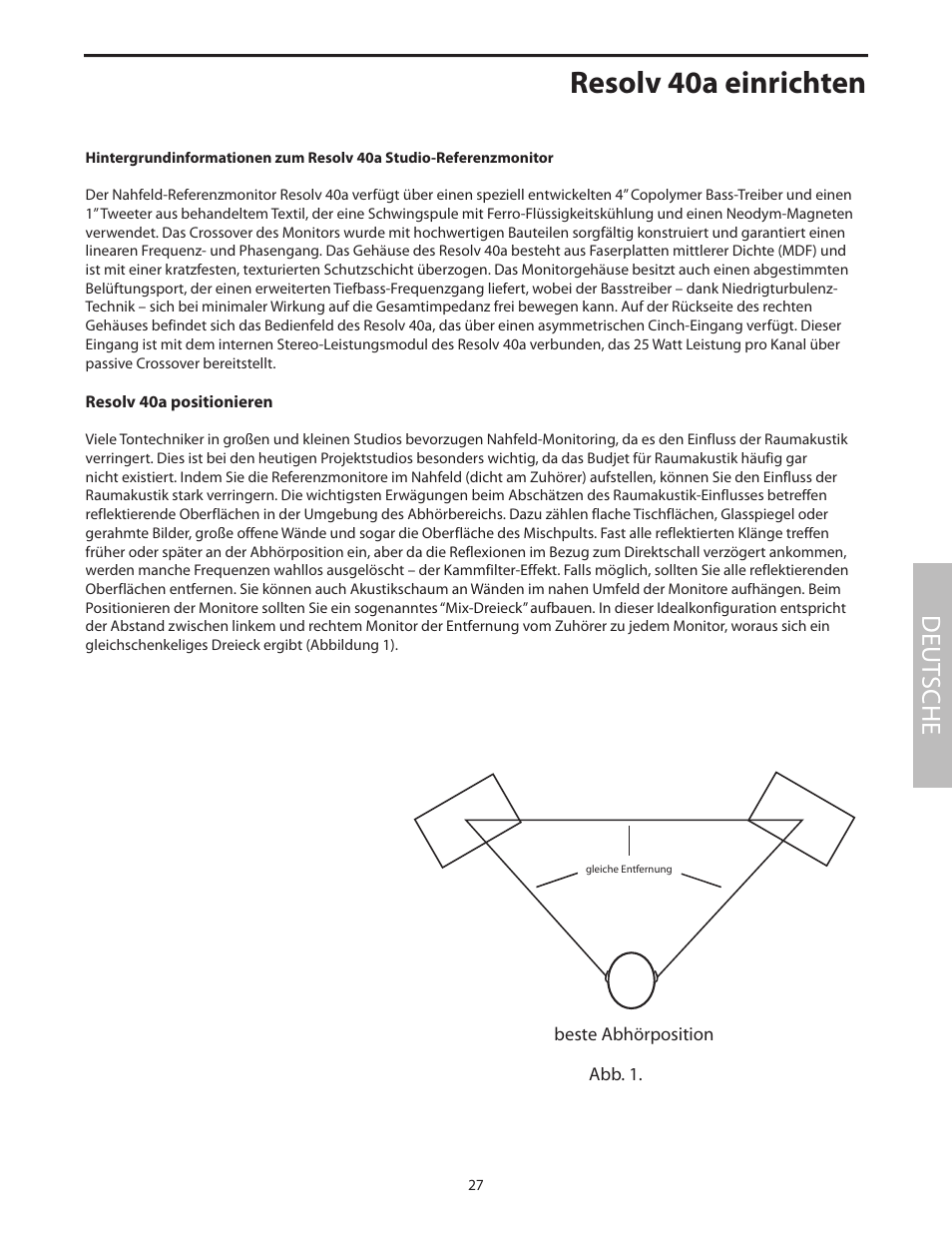 Resolv 40a einrichten, Resolv 40a positionieren, Deut sche | Samson Studio Reference Monitor System Resolv 40a User Manual | Page 31 / 64