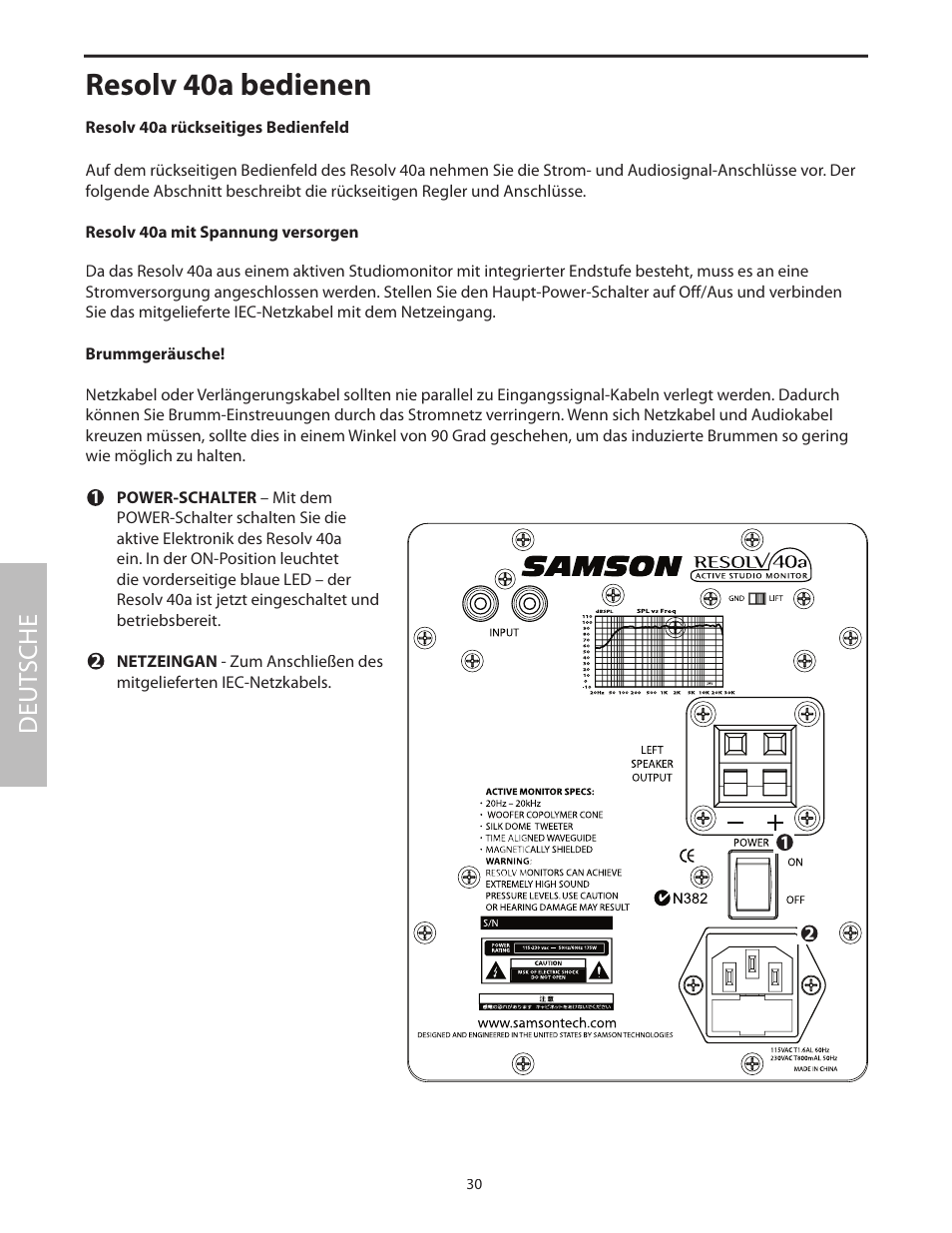 Resolv 40a bedienen, Resolv 40a rückseitiges bedienfeld, Deut sche | Samson Studio Reference Monitor System Resolv 40a User Manual | Page 34 / 64