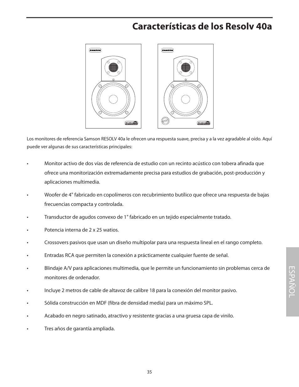 Características de los resolv 40a, Esp añol | Samson Studio Reference Monitor System Resolv 40a User Manual | Page 39 / 64