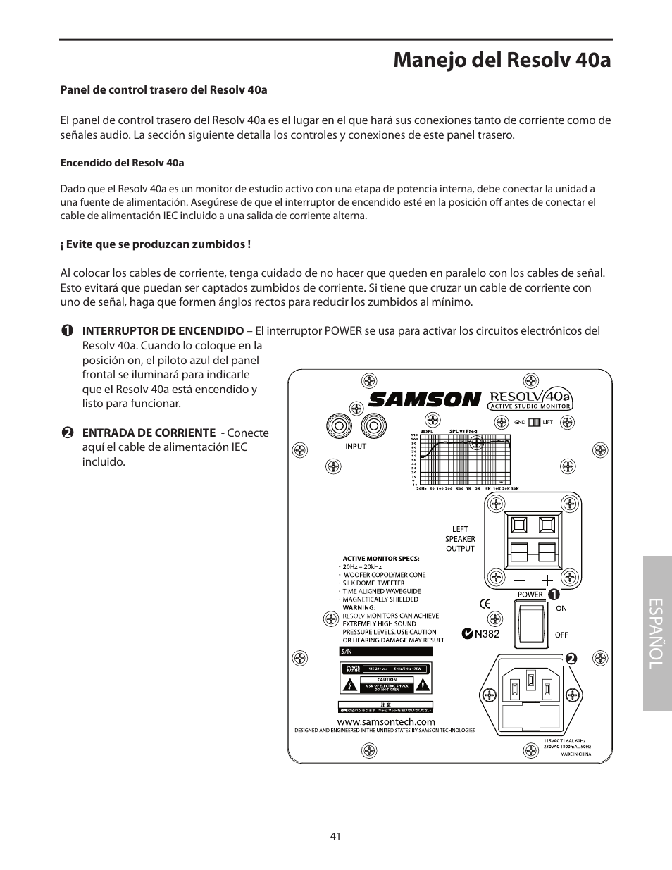 Manejo del resolv 40a, Panel de control trasero del resolv 40a, Esp añol | Samson Studio Reference Monitor System Resolv 40a User Manual | Page 45 / 64