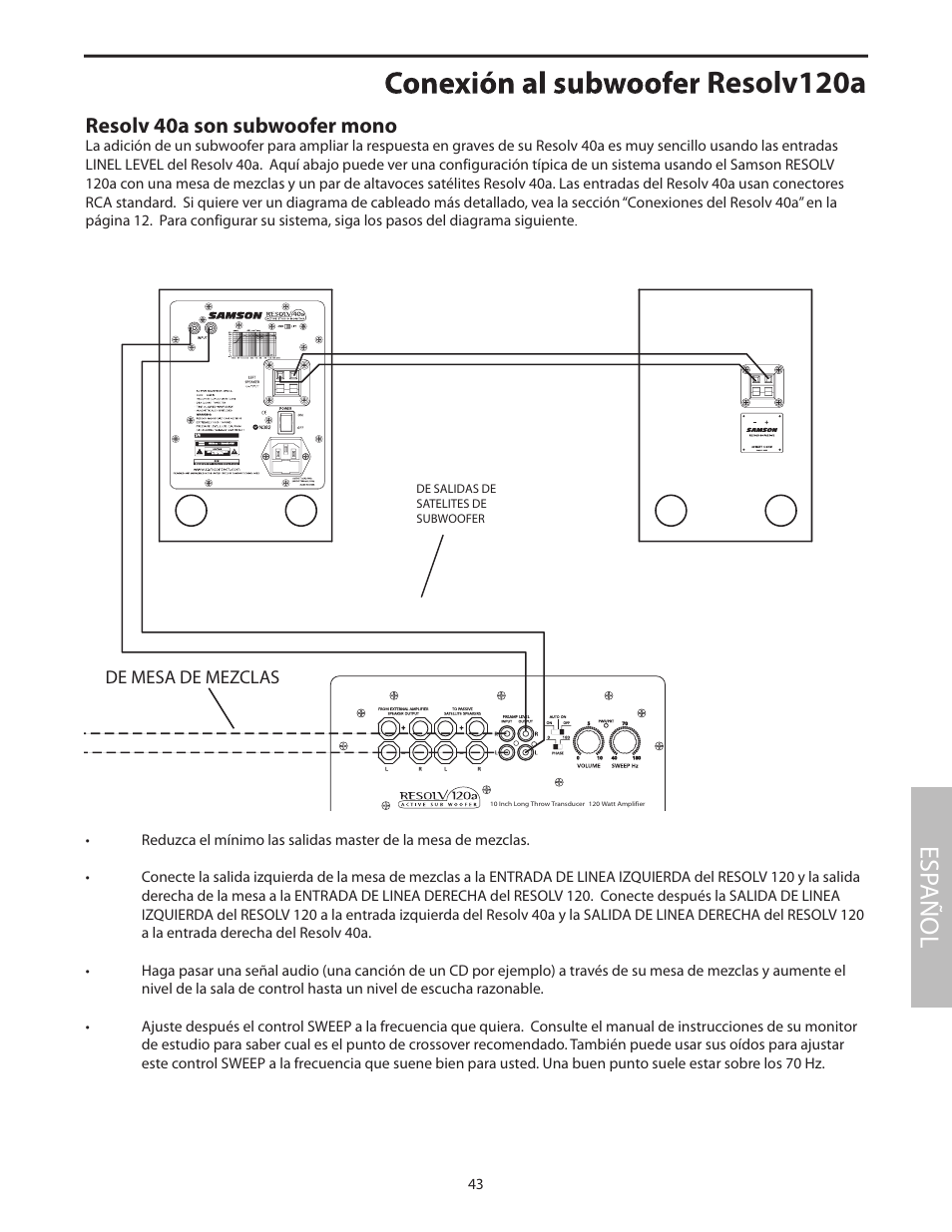 Conexión al subwoofer resolv120a, Resolv120a, Esp añol | Resolv 40a son subwoofer mono | Samson Studio Reference Monitor System Resolv 40a User Manual | Page 47 / 64