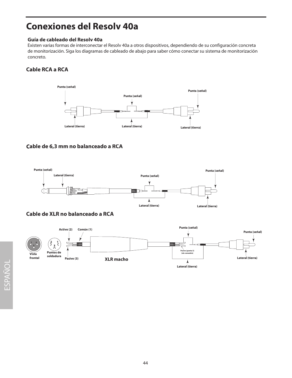 Guía de cableado del resolv 40a, Conexiones del resolv 40a, Esp añol | Cable rca a rca | Samson Studio Reference Monitor System Resolv 40a User Manual | Page 48 / 64