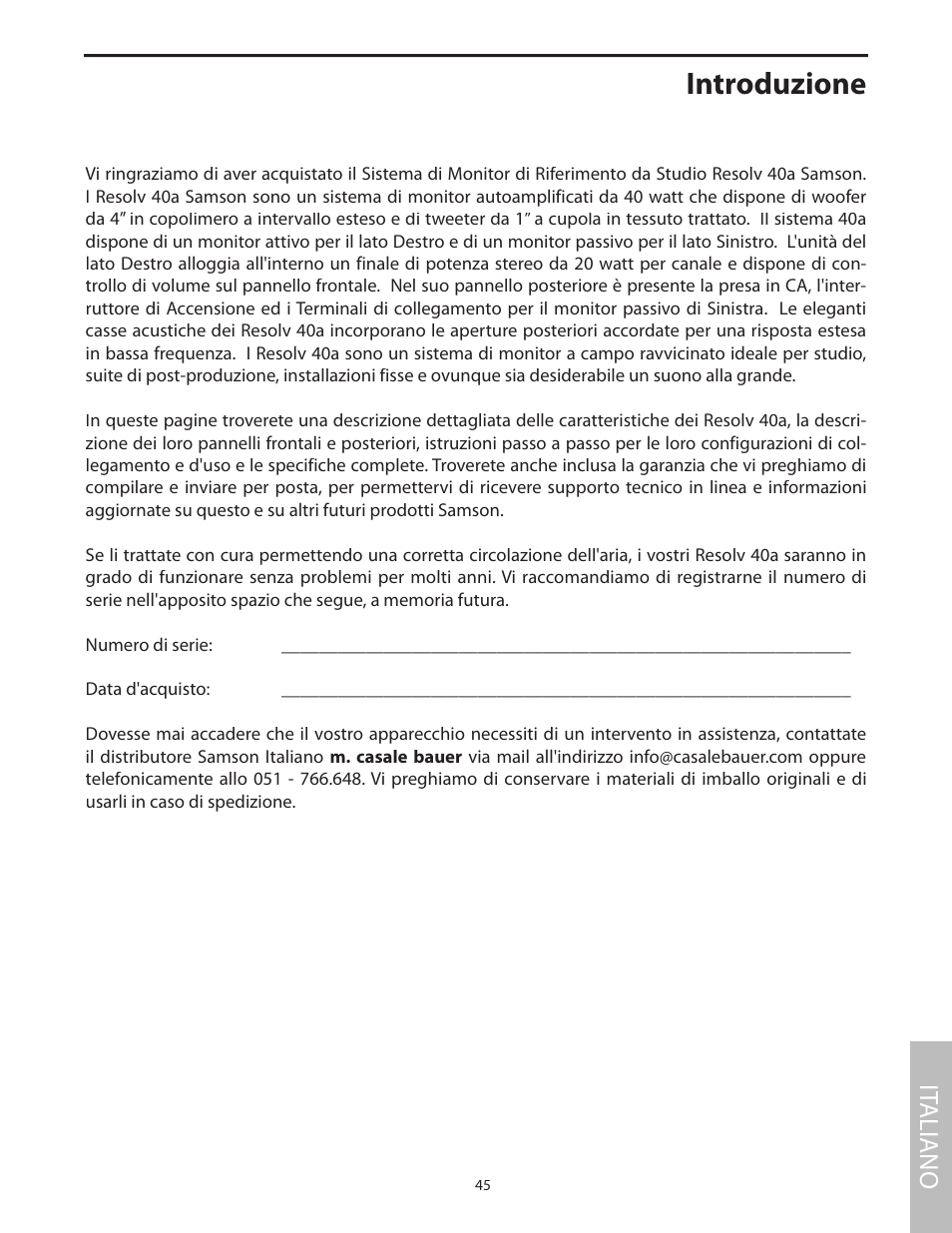 Italiano, Introduzione, It aliano | Samson Studio Reference Monitor System Resolv 40a User Manual | Page 49 / 64