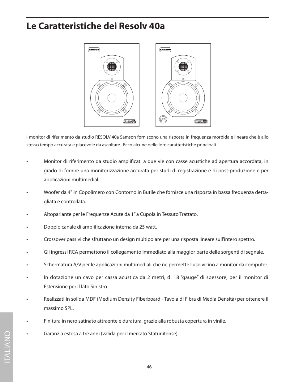 Le caratteristiche dei resolv 40a, It aliano | Samson Studio Reference Monitor System Resolv 40a User Manual | Page 50 / 64