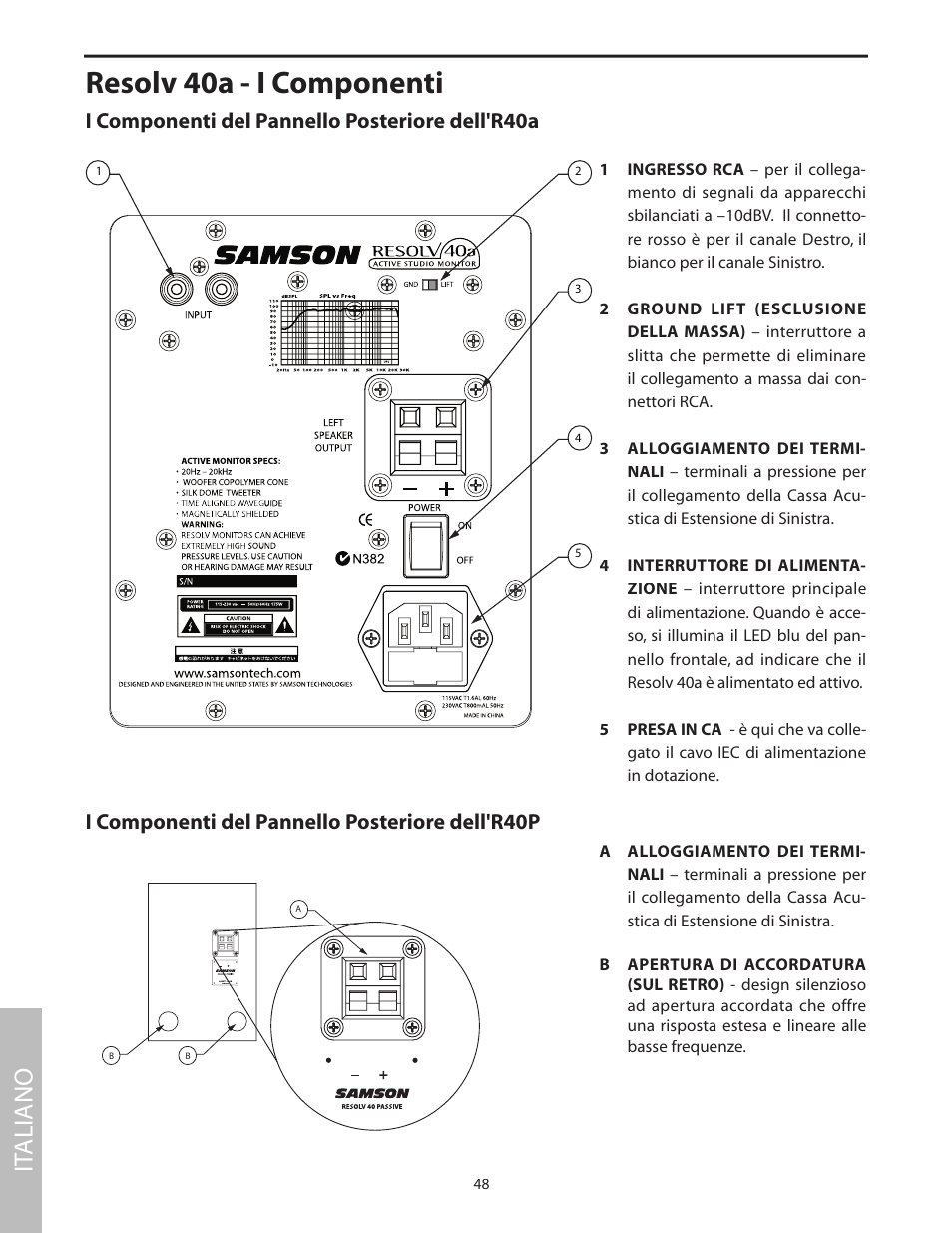 Resolv 40a - i componenti, I componenti del pannello posteriore dell'r40a, It aliano | I componenti del pannello posteriore dell'r40p | Samson Studio Reference Monitor System Resolv 40a User Manual | Page 52 / 64