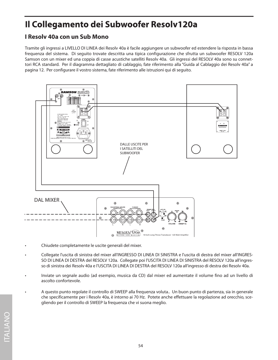 Il collegamento dei subwoofer resolv120a, It aliano, I resolv 40a con un sub mono | Samson Studio Reference Monitor System Resolv 40a User Manual | Page 58 / 64