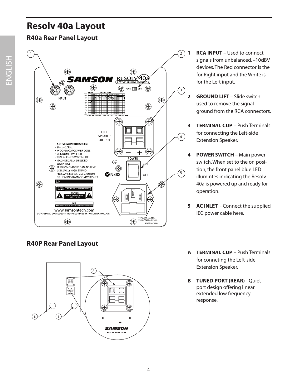 R40a rear panel layout, Resolv 40a layout, English | R40p rear panel layout | Samson Studio Reference Monitor System Resolv 40a User Manual | Page 8 / 64