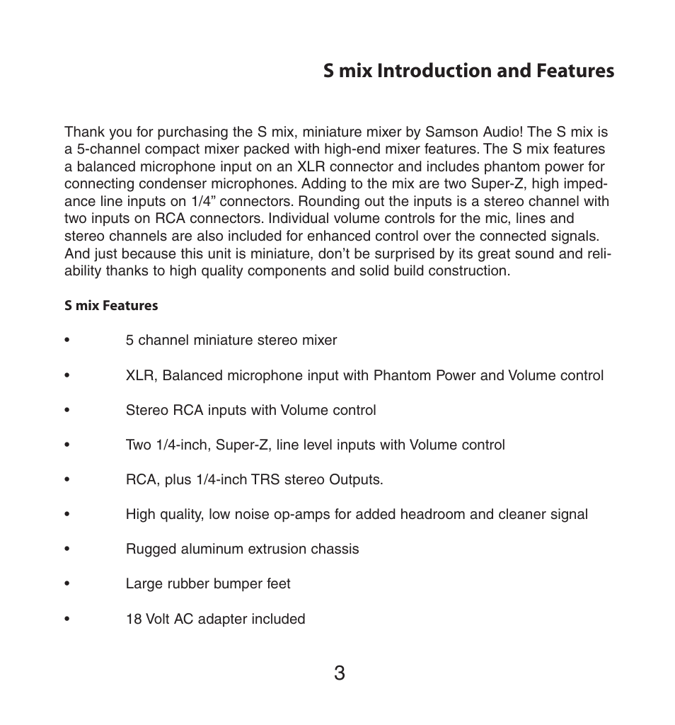 S mix introduction and features | Samson CHANNEL MIXER User Manual | Page 3 / 8