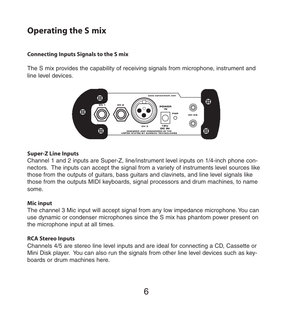 Connecting inputs signals to the s mix, 6operating the s mix | Samson CHANNEL MIXER User Manual | Page 6 / 8