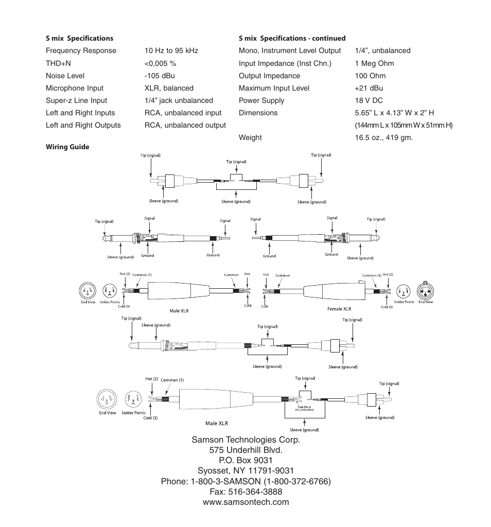 S mix specifications | Samson CHANNEL MIXER User Manual | Page 8 / 8