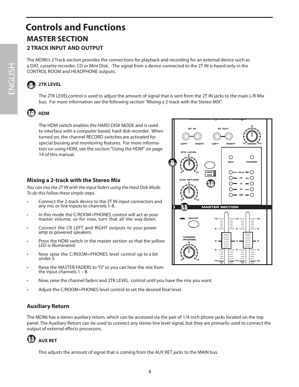 Master section, Controls and functions, English | Mixing a 2-track with the stereo mix, 2 track input and output, Auxiliary return | Samson MDR6 User Manual | Page 10 / 76