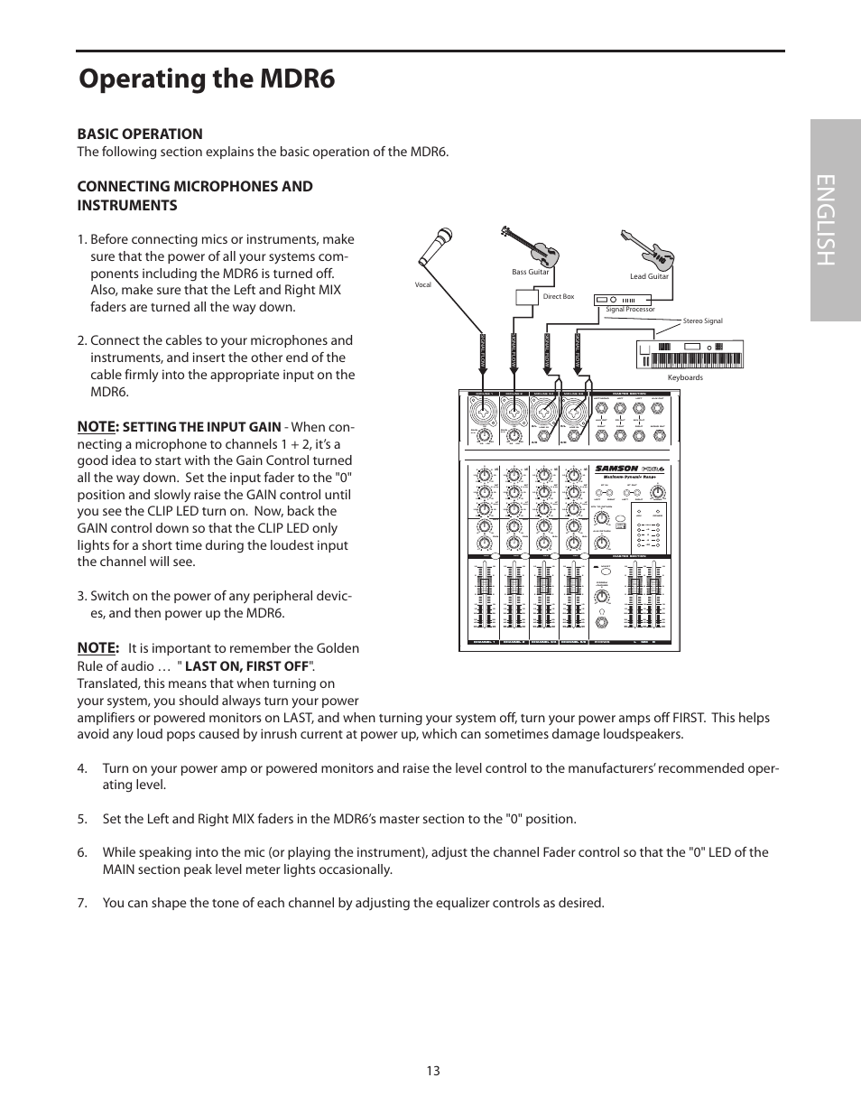 Operating the mdr6, English, Basic operation | Connecting microphones and instruments | Samson MDR6 User Manual | Page 15 / 76