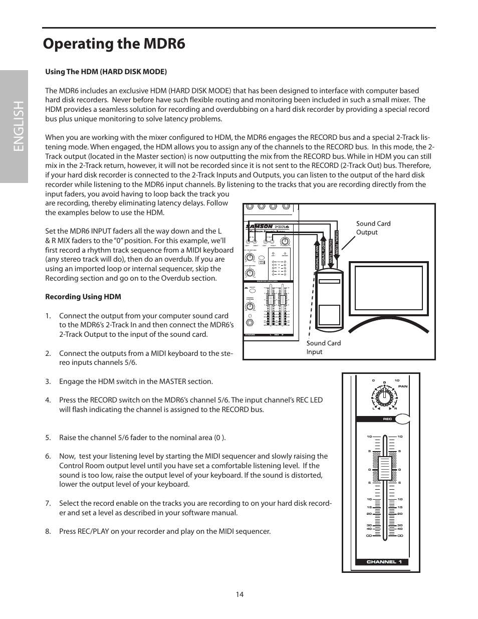 Using the hdm (hard disk mode), Operating the mdr6, English | 0l r, Clip, Mode, Peak | Samson MDR6 User Manual | Page 16 / 76