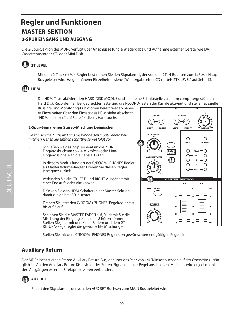 Master-sektion, Regler und funktionen, Deut sche | Auxiliary return, Spur eingang und ausgang | Samson MDR6 User Manual | Page 42 / 76