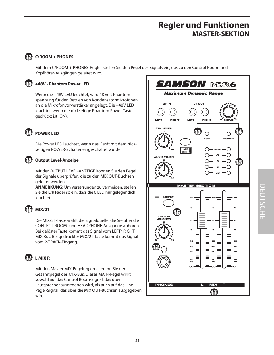 Regler und funktionen, Deut sche, Master-sektion | Samson MDR6 User Manual | Page 43 / 76