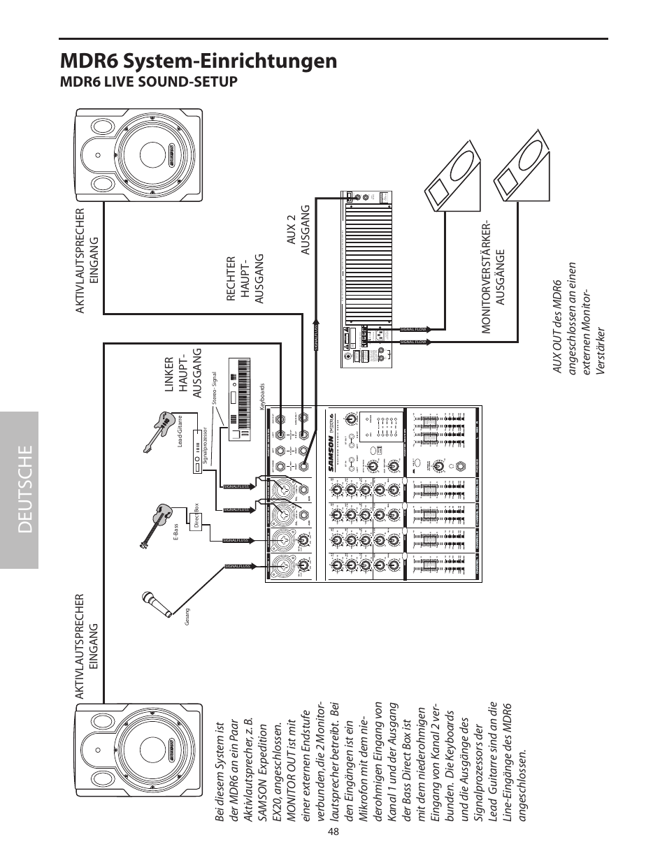 Mdr6 system-einrichtungen, Deut sche, Mdr6 live sound-setup | Samson MDR6 User Manual | Page 50 / 76