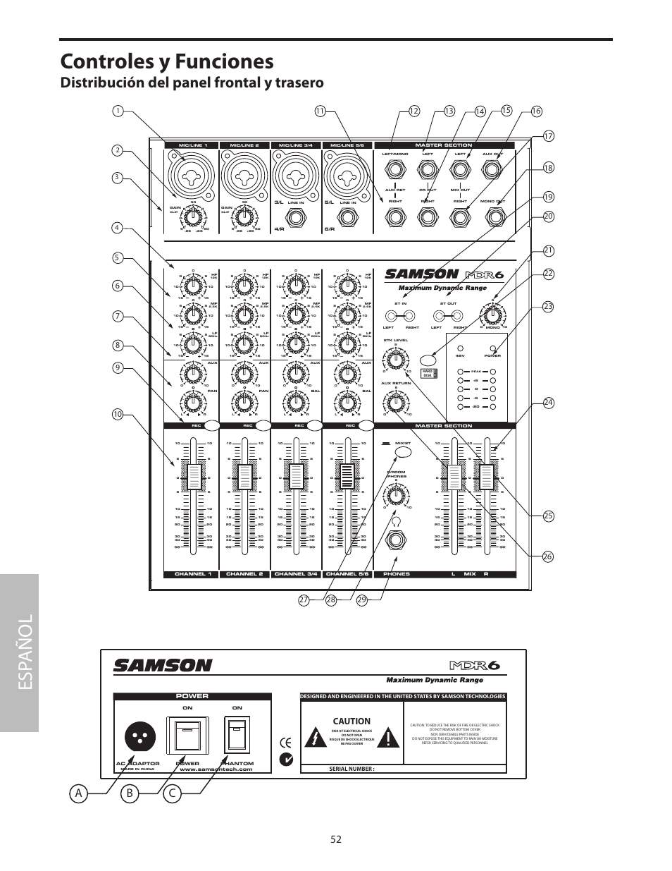 Controles y funciones, Distribución del panel frontal y trasero, Esp añol | Ab c, Caution | Samson MDR6 User Manual | Page 54 / 76