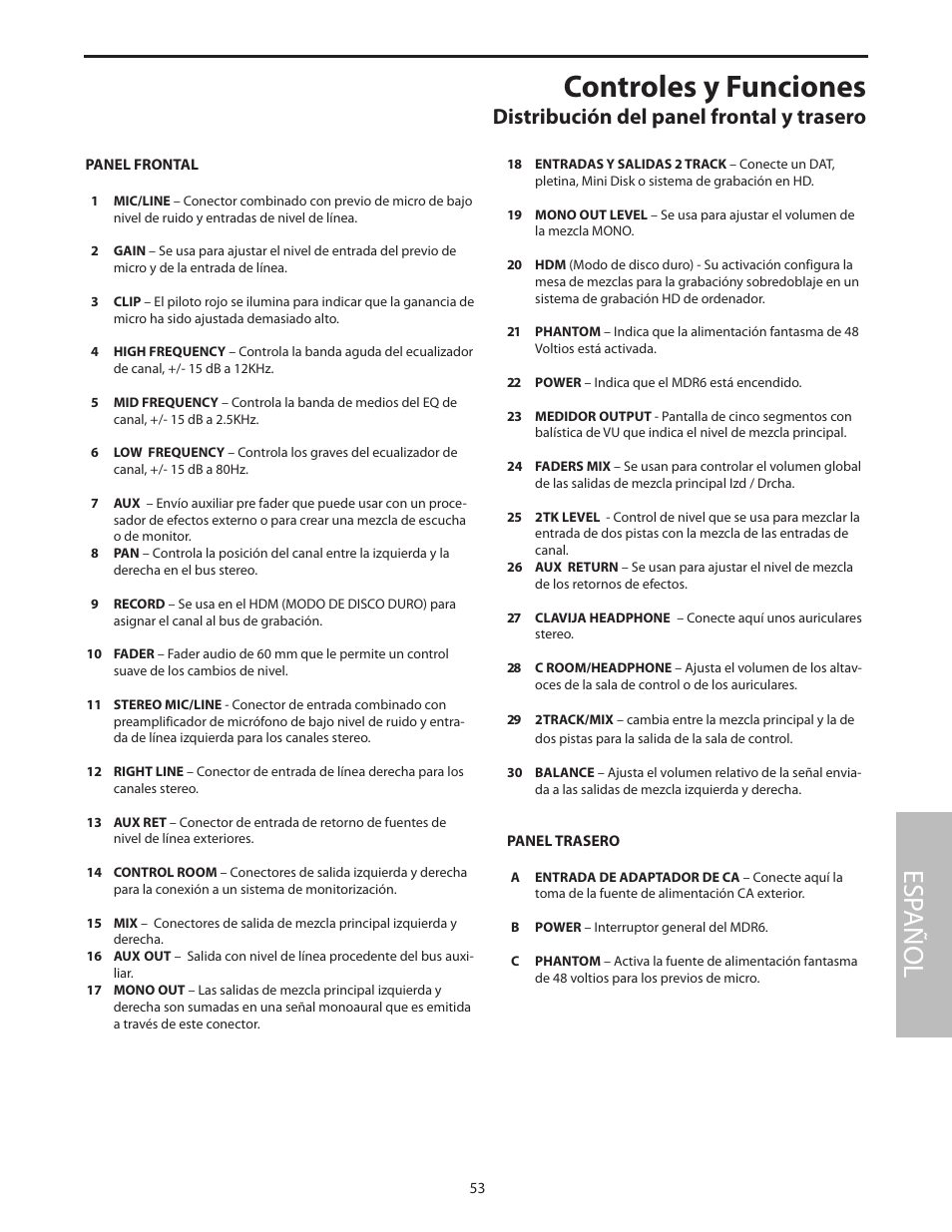 Controles y funciones, Esp añol, Distribución del panel frontal y trasero | Samson MDR6 User Manual | Page 55 / 76