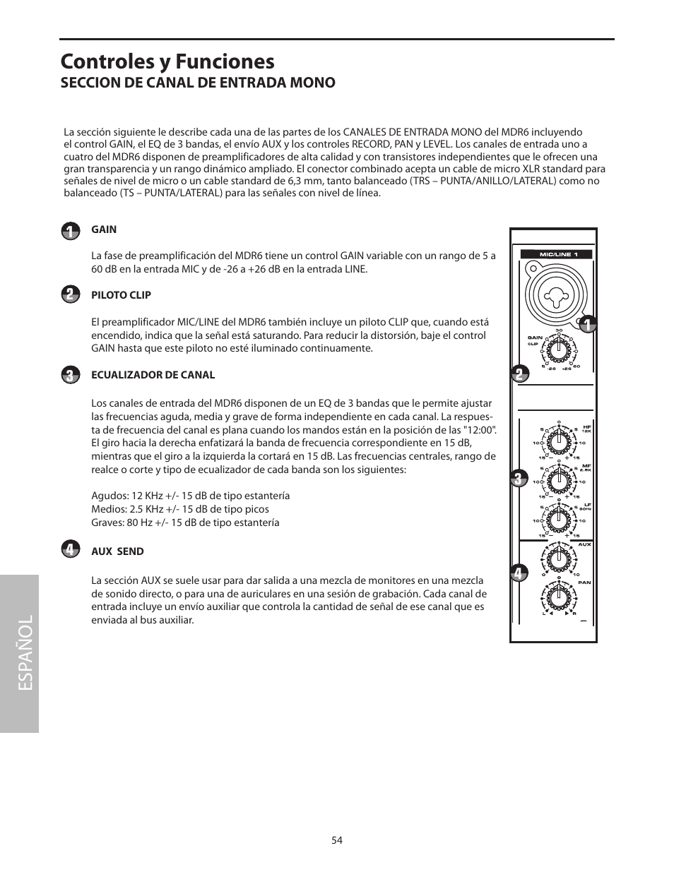 Seccion de canal de entrada mono, Controles y funciones, Esp añol | Samson MDR6 User Manual | Page 56 / 76