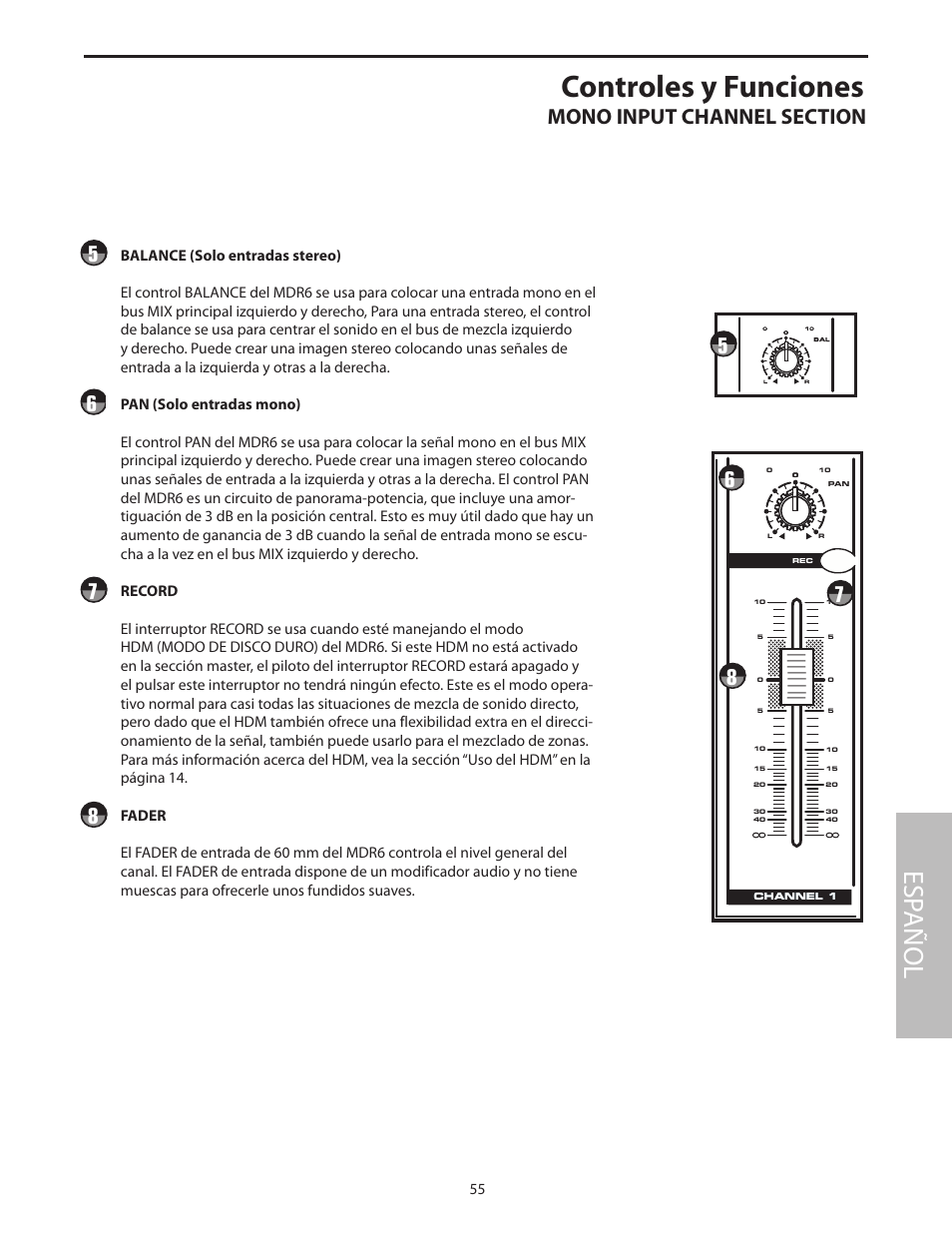 Controles y funciones, Esp añol | Samson MDR6 User Manual | Page 57 / 76