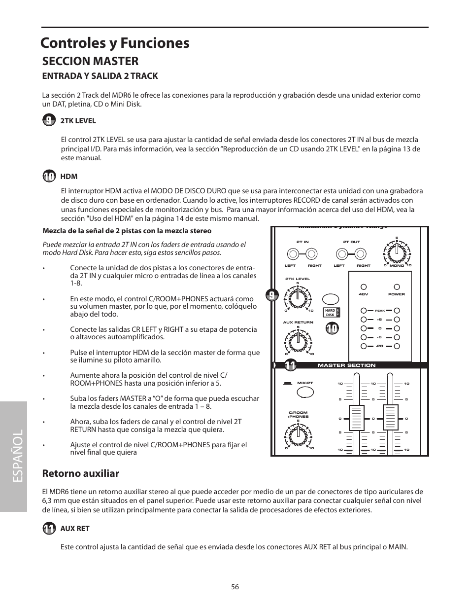 Seccion master, Controles y funciones, Esp añol | Retorno auxiliar, Entrada y salida 2 track | Samson MDR6 User Manual | Page 58 / 76