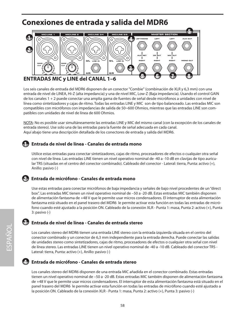 Conexiones de entrada y salida del mdr6, Esp añol, Entradas mic y line del canal 1–6 | Entrada de micrófono - canales de entrada mono, Entrada de micrófono - canales de entrada stereo | Samson MDR6 User Manual | Page 60 / 76