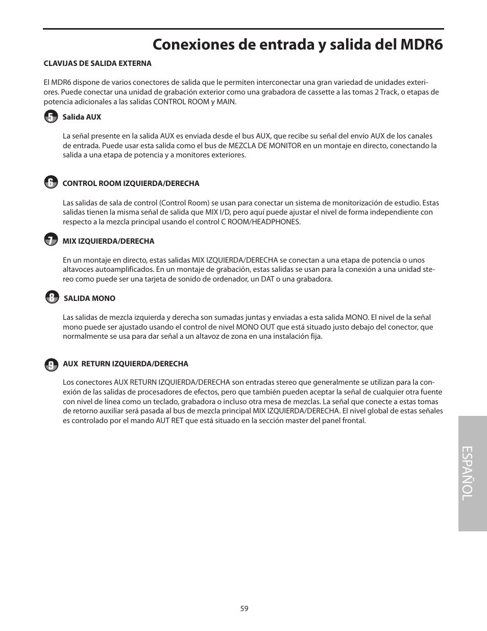 Conexiones de entrada y salida del mdr6, Esp añol | Samson MDR6 User Manual | Page 61 / 76