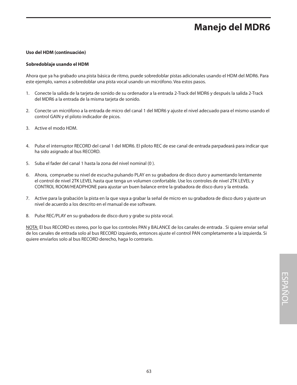 Manejo del mdr6, Esp añol | Samson MDR6 User Manual | Page 65 / 76