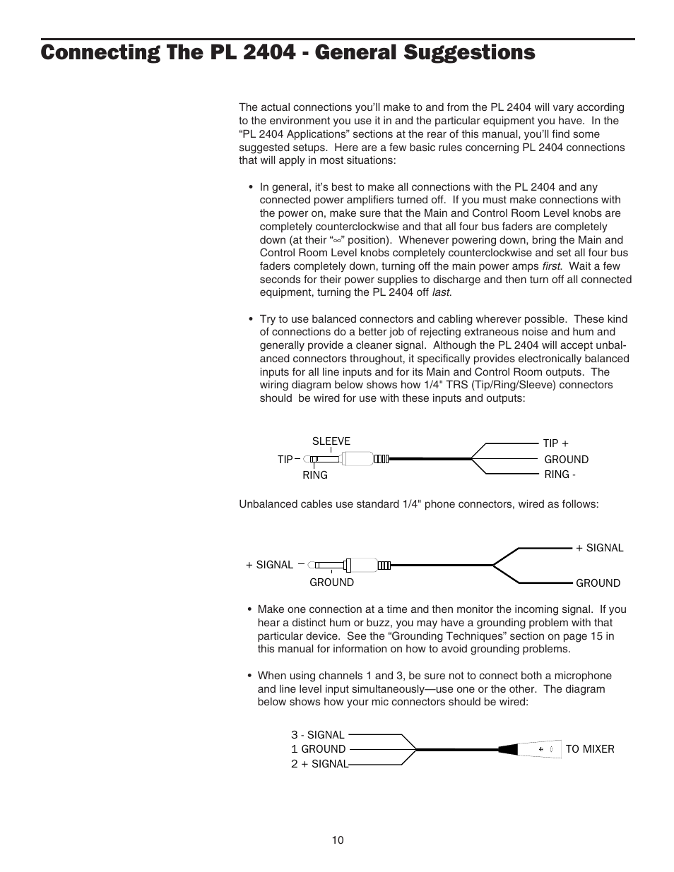 Connecting the pl 2404, Connecting the pl 2404 - general suggestions 10, Connecting the pl 2404 - general suggestions | Samson PL2404 User Manual | Page 12 / 31