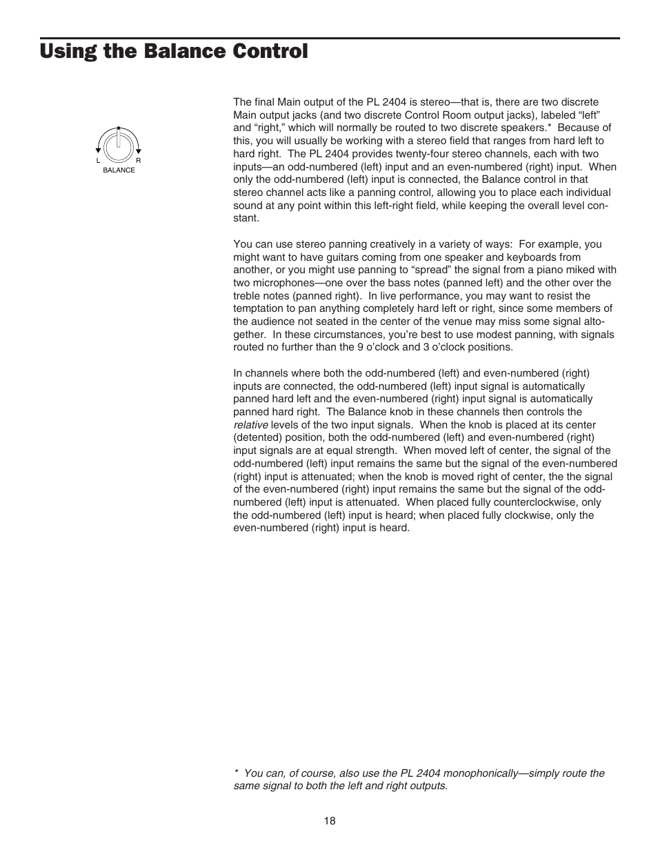 Using the balance control, Using the balance control 18 | Samson PL2404 User Manual | Page 20 / 31