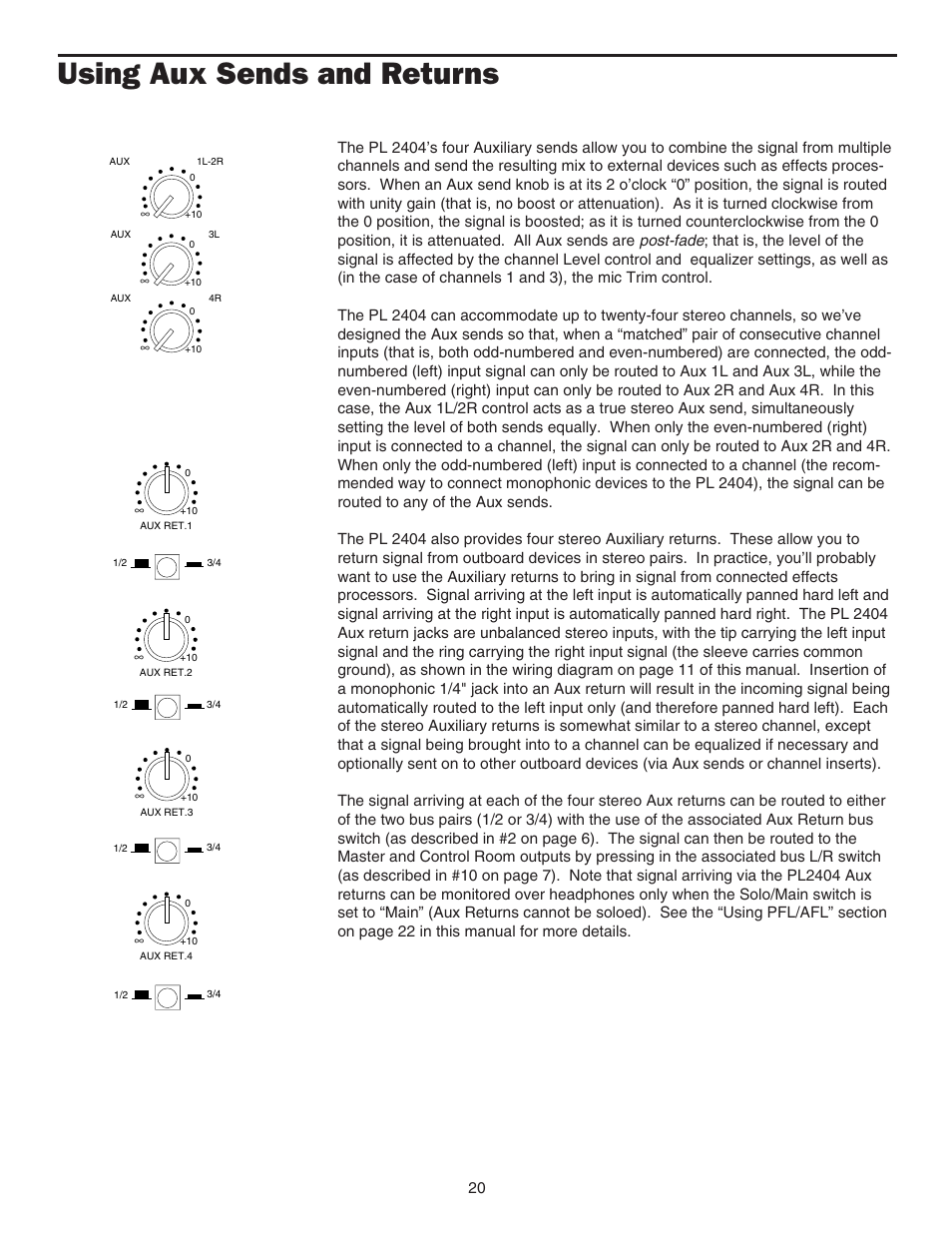 Using aux sends and returns, Using aux sends and returns 20 | Samson PL2404 User Manual | Page 22 / 31