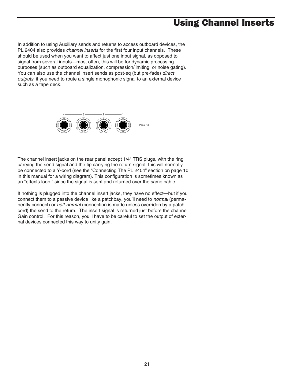 Using channel inserts, Using channel inserts 21 | Samson PL2404 User Manual | Page 23 / 31