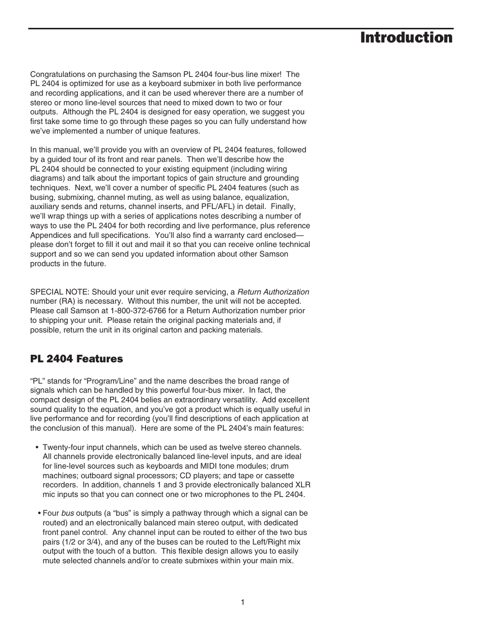 Introduction, Introduction 1, Pl 2404 features | Samson PL2404 User Manual | Page 3 / 31