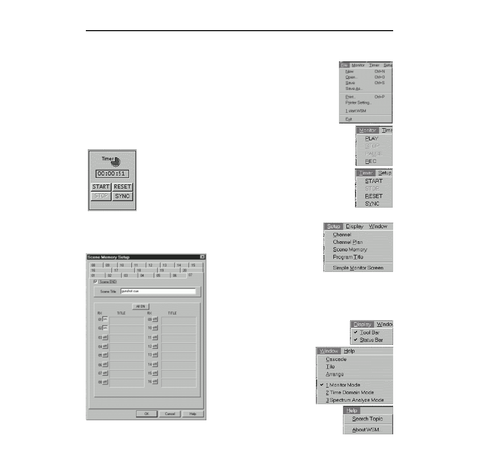 Monitor mode menus, Scene memory dialog, Monitor mode menus 13 | Samson WSM Wireless System Manager for Windows 95 User Manual | Page 15 / 19