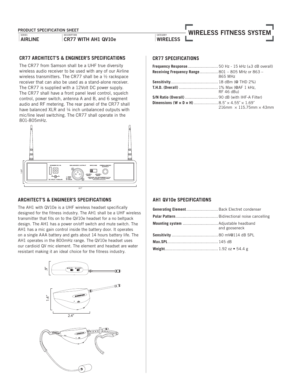 Wireless fitness system, Cr77 architect’s & engineer’s specifications, Airline | Wireless cr77 specifications, Architect’s & engineer’s specifications, Ah1 qv10e specifications | Samson AH1 QV10e User Manual | Page 2 / 2