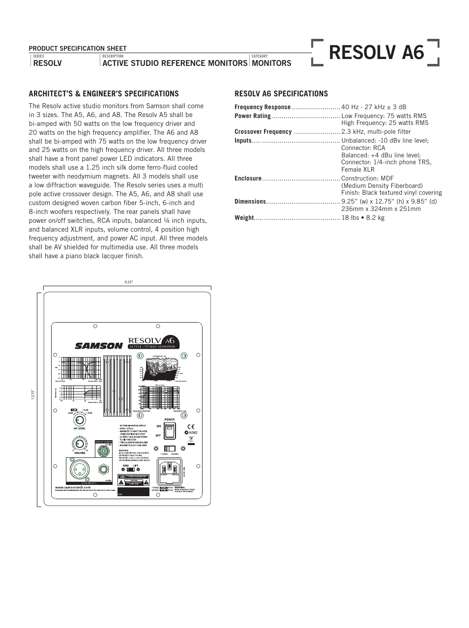 Resolv a6, Architect’s & engineer’s specifications, Resolv | Active studio reference monitors, Monitors resolv a6 specifications | Samson RESOLV A6 User Manual | Page 2 / 2